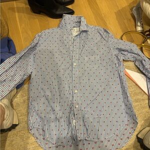 Frank & Eileen Blue & White Striped Shirt with red hearts